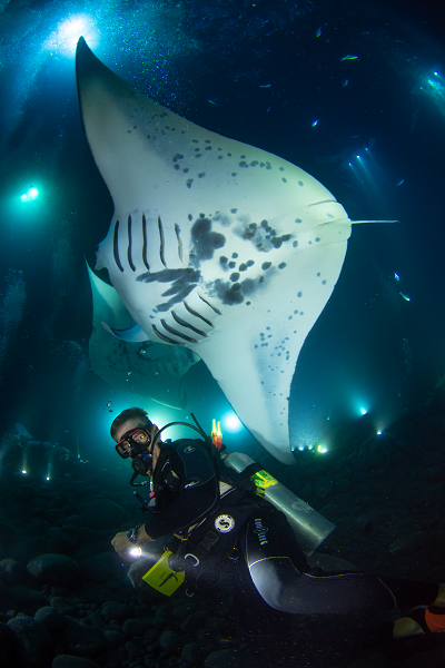 Keller Laros diving with a manta ray