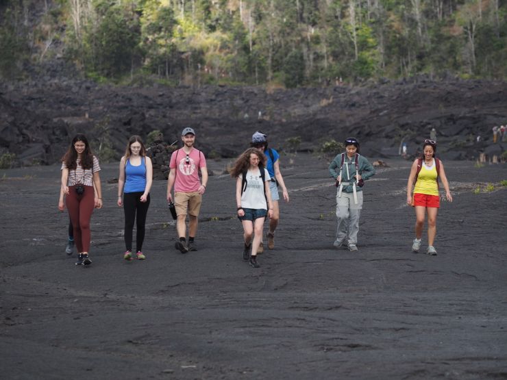 Seven environmental samurai explore the edge of a lava flow.
